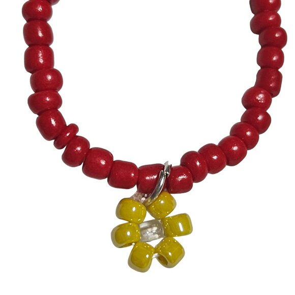 Handmade Yellow Flower Charm Necklace Boho Retro 70s Red Beaded Fashion Jewelry - Picture 2 of 5